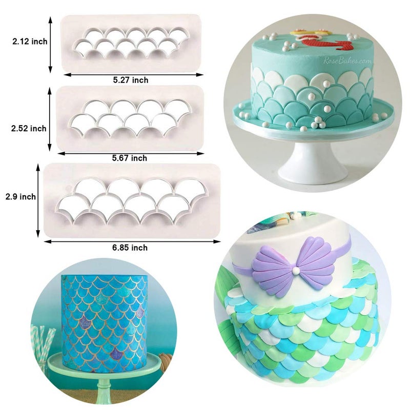 HiParty 4Pcs/Set Mermaid Tail Silicone Fondant Mold & Scale Fondant Cutter, Fish Scales Pattern Geometric Embossing Biscuit Cookie Cutter DIY Mermaid Birthday Party Cake Decorating Supplies - Image 4